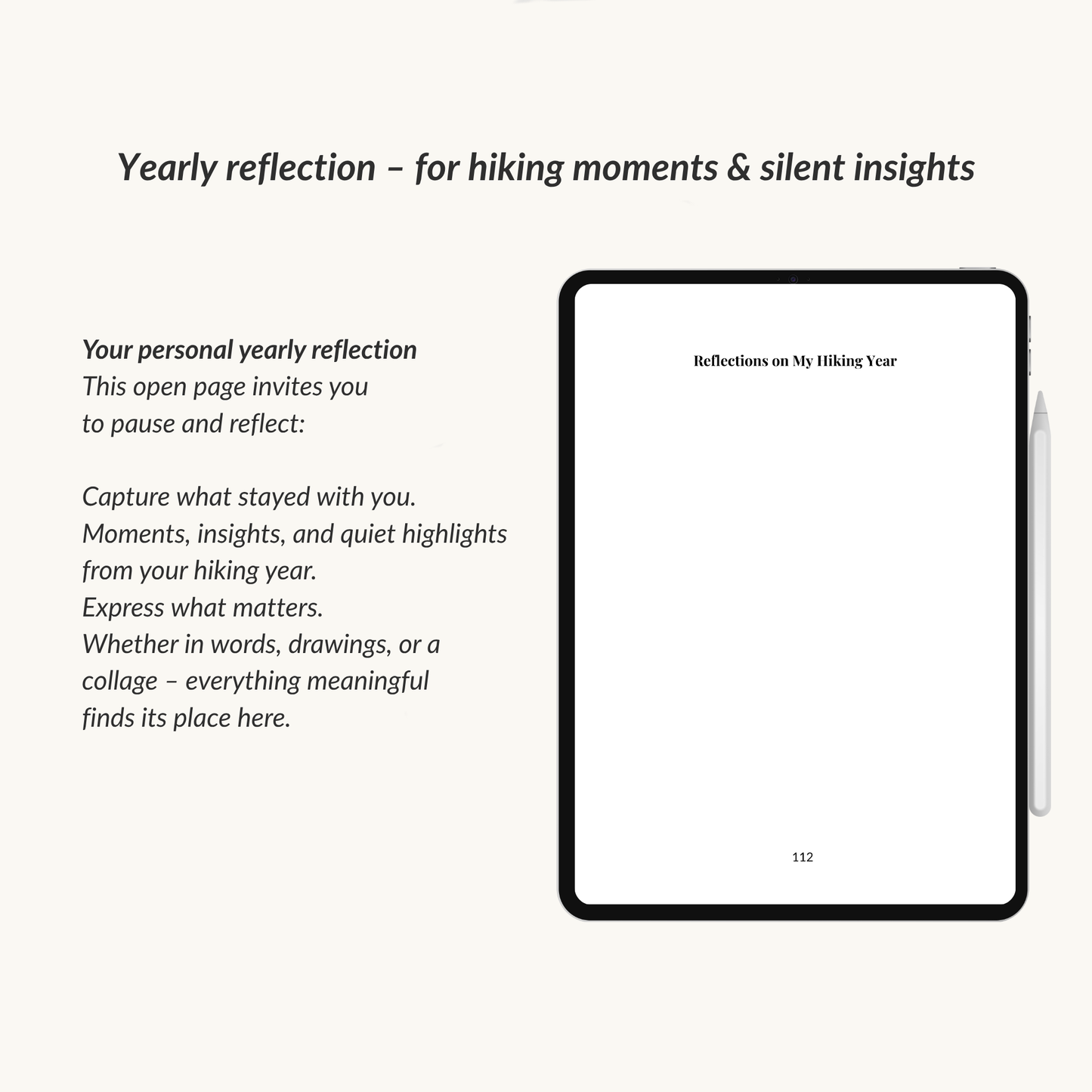 Page from the wanderlust journal displayed on an iPad showing a page for a yearly reflection for hiking moments and highlights from the year.