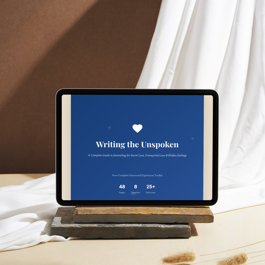 Tablet displaying the ‘Writing the Unspoken – Midnight Edition’ interactive eBook. Deep midnight blue cover with white heart icon, elegant serif typography, beige background, and highlights of 48 pages, 8 chapters, and 25+ reflection exercises. Guided journaling eBook for secret love, emotional clarity, and mindful self-reflection.