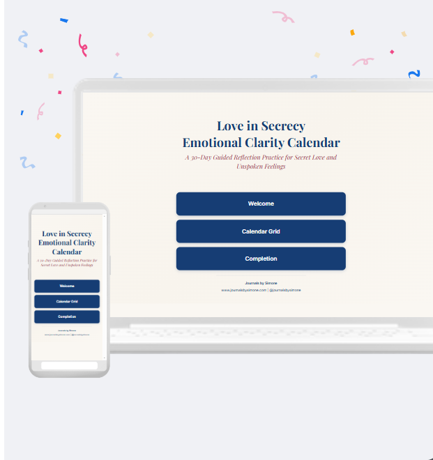 Secret Love Emotional Clarity Calendar interface with smartphone display and laptop display showing the cover of the secret love emotional clarity calendar on a light gray background