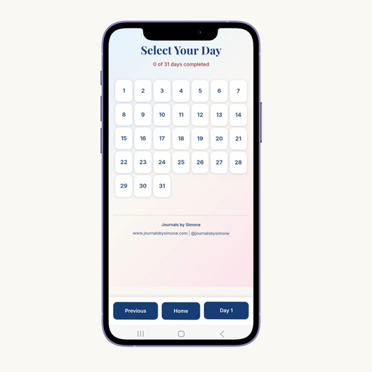 Smartphone screen displaying the interactive 31-day Calendar Grid of the Love in Secrecy Year-End Reflection Calendar. A soft beige layout with numbered day buttons, designed for daily journaling prompts and emotional clarity.