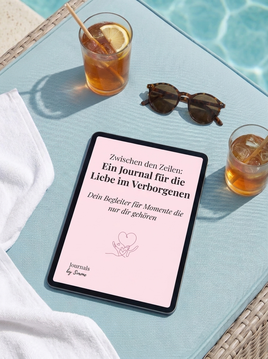 Liebe im Verborgenen Journal deutsche digitale Ausgabe auf dem iPad am Pool mit Eistee und Sonnenbrille, 90-Tage-Journal für heimliche Liebe