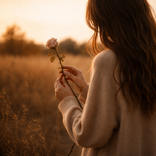 A person standing alone in a golden field at dusk, holding a single flower, reflecting on unspoken feelings and secret love — guided reflection tools by Journals by Simone