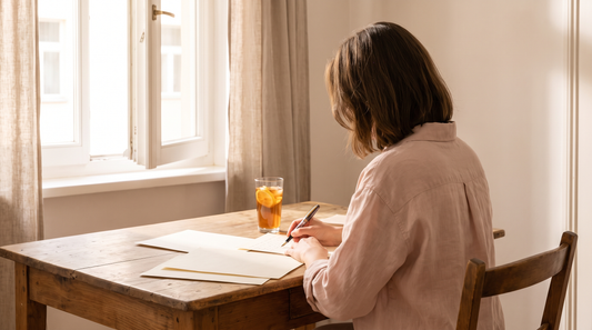Woman writing by hand at a sunlit window, secret love journaling for emotional clarity