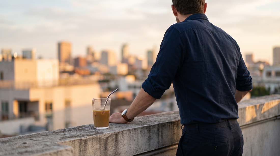 Man at a rooftop railing at golden hour, structured journaling for men who carry unspoken feelings