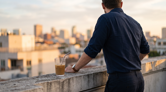 Man at a rooftop railing at golden hour, structured journaling for men who carry unspoken feelings