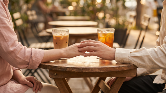Two hands close on a summer cafe table, why secret love and limerence feel so real