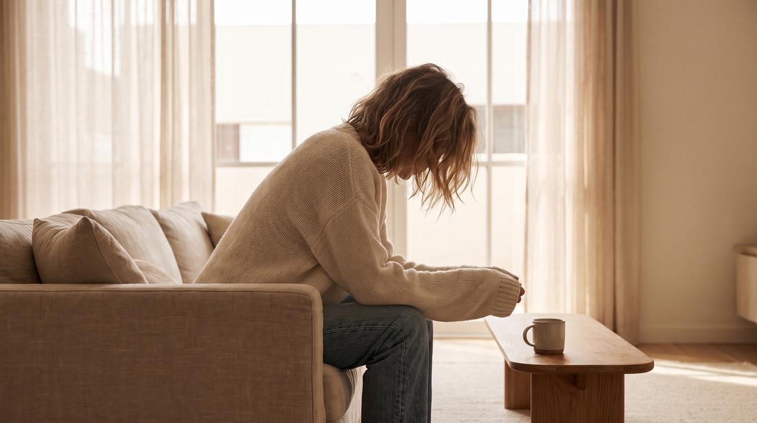 Woman sitting on the edge of a sofa with lowered head in morning light, loving someone in secret is exhausting