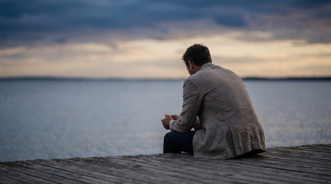Man sitting alone on a wooden pier at dusk, when men love in silence and carry unspoken feelings