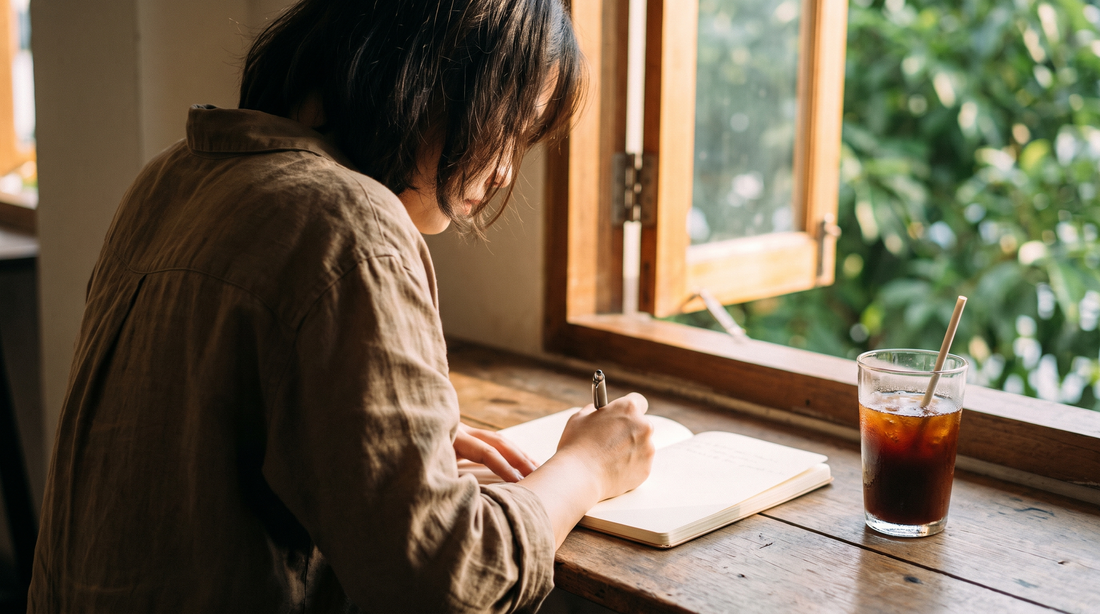 Woman writing by hand in a journal at a sunlit window on a summer morning, what is emotional clarity journaling