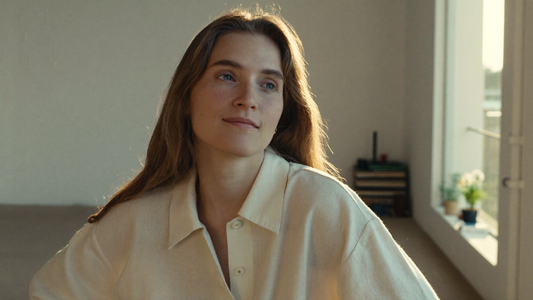 Woman in warm evening light by a window, calm and self-possessed, recognising an attachment pattern instead of chemistry