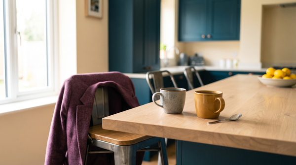 Two mugs side by side on a bright kitchen counter, writing an unsent letter to someone you still see every day