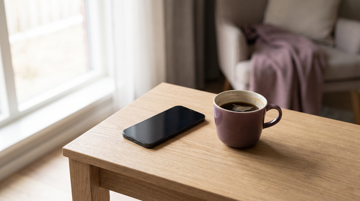 A phone lying face down next to a cup of coffee gone cold on a bright wooden table, the everyday scene of waiting for a message in limerence
