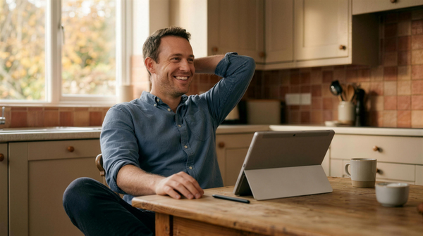 A man leans back at his kitchen table with a relieved smile, the tablet he has been writing on still open in front of him and autumn light at the window.