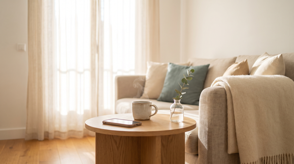 A phone lying face down on a small wooden side table beside a cup of tea and a single green stem in a vase, a quiet private morning in a bright living room, the calm a journal for a secret relationship can make room for.