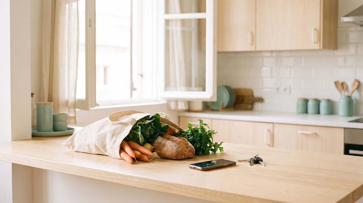 A half unpacked market bag with vegetables, bread and herbs on a bright kitchen counter, a phone left face down beside the keys, an ordinary day being lived again after limerence.