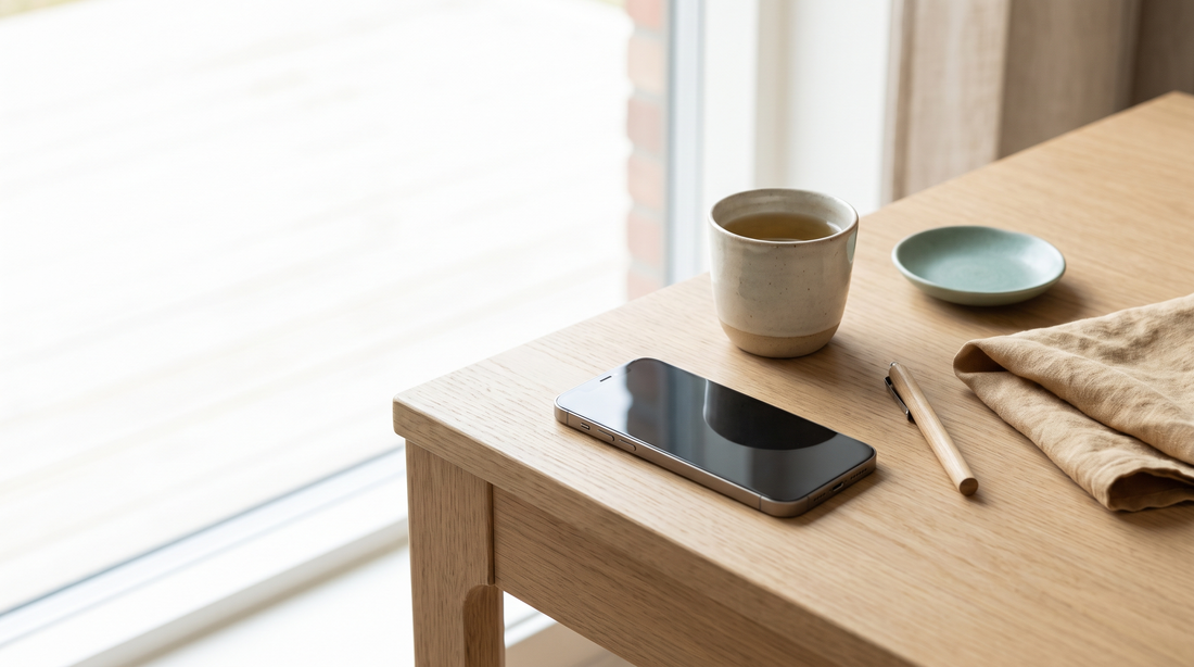A smartphone lies screen down on a light oak table by a window, next to a ceramic cup of tea and a pen