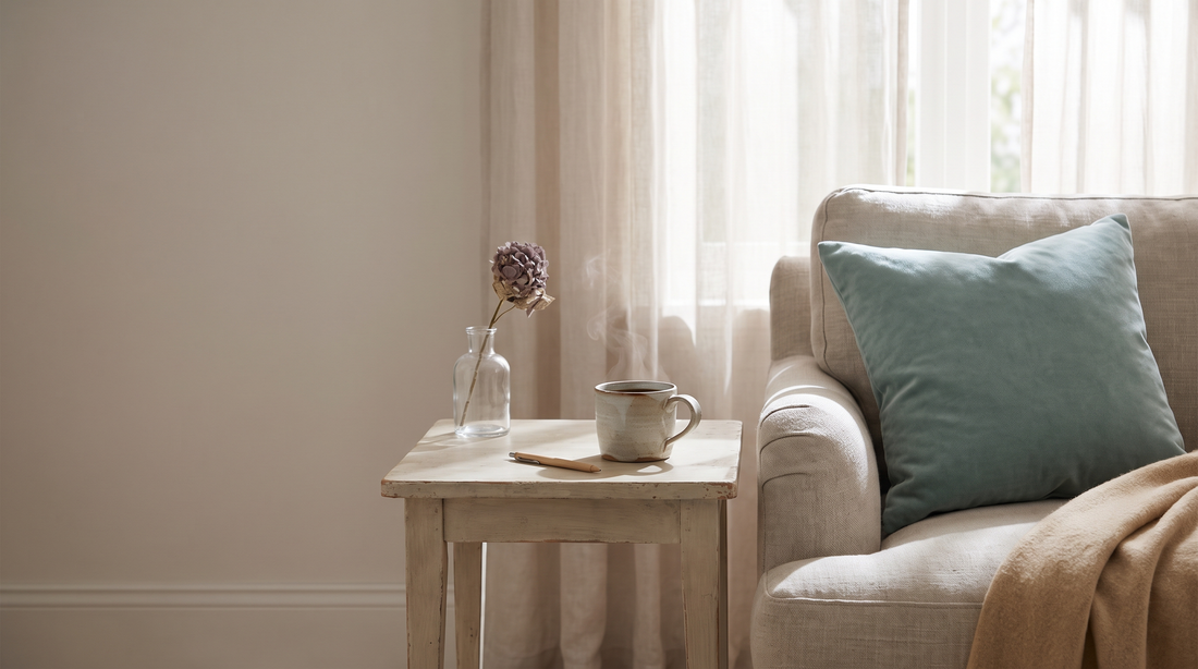 A cup of tea and a pen on a small side table beside an armchair in daylight, a quiet place for guided journal prompts in secret love