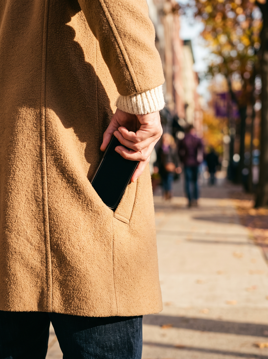 A hand slides a smartphone into the pocket of a camel wool coat on a sunny autumn street