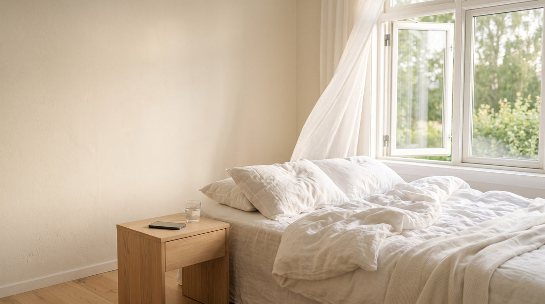 Sonniges Schlafzimmer im Sommer, offenes Fenster, Handy mit dem Display nach unten auf dem Nachttisch