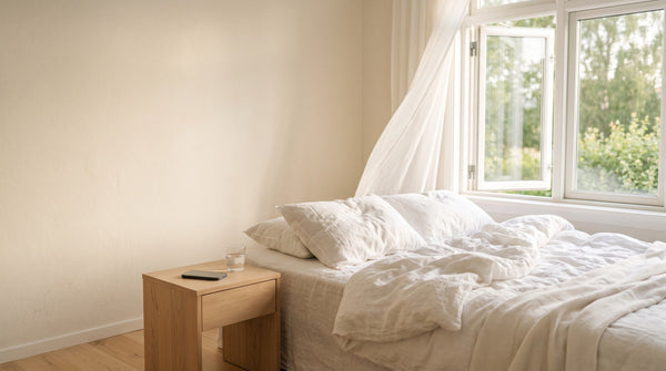 Sonniges Schlafzimmer im Sommer, offenes Fenster, Handy mit dem Display nach unten auf dem Nachttisch