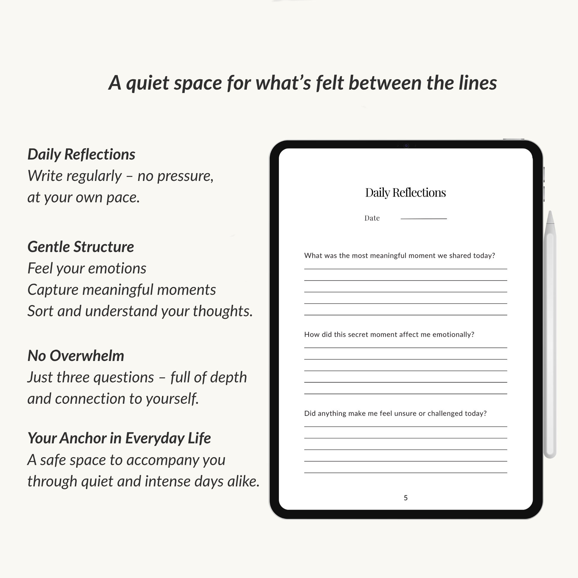 The love in secrecy journal standard edition showing daily reflections prompts on a tablet screen to write regularly and connect to yourself.
