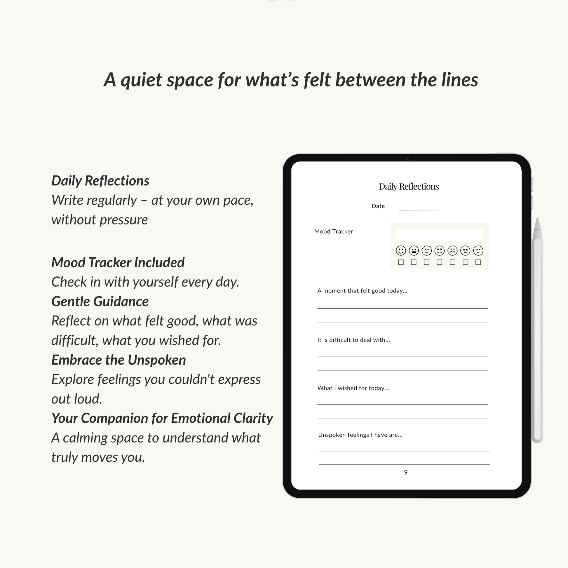 Digital love in secrecy journal midnight edition with daily reflections and mood tracker on a tablet screen as a quiet space for what´s felt between the lines.
