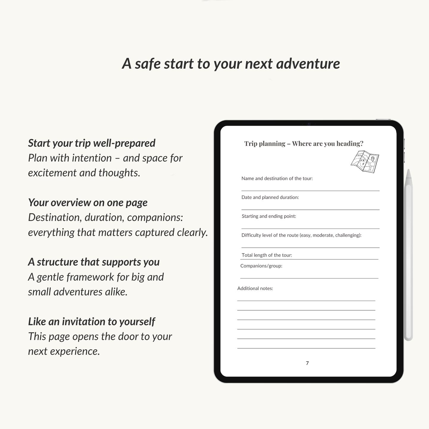 Page from the wanderlust journal displayed on an iPad showing an overview of the trip planning section to start your trip well-prepared.