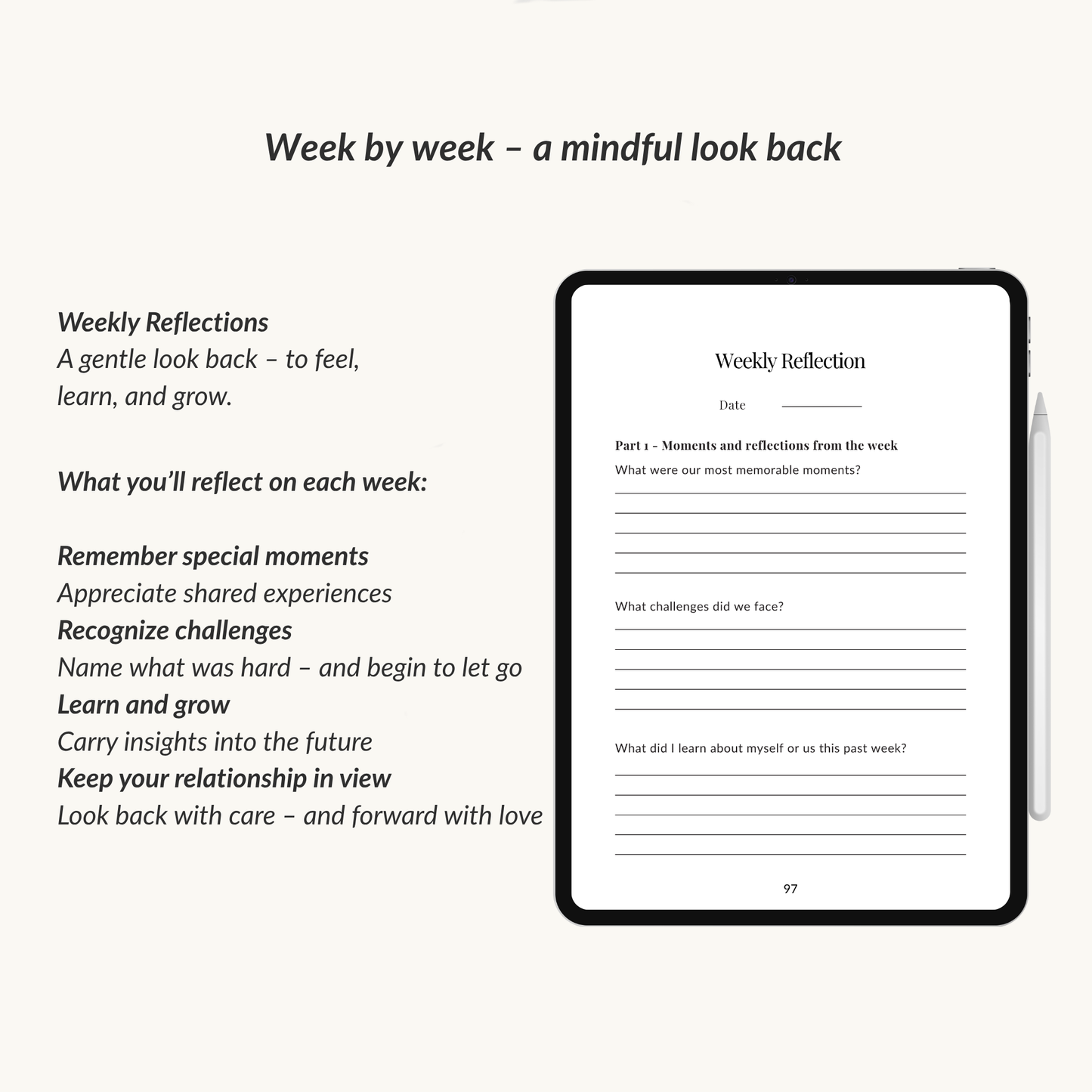 Page from the love in secrecy journal standard edition showing weekly reflection promps for a mindful look back' to remember special moments and recognize challenges.
