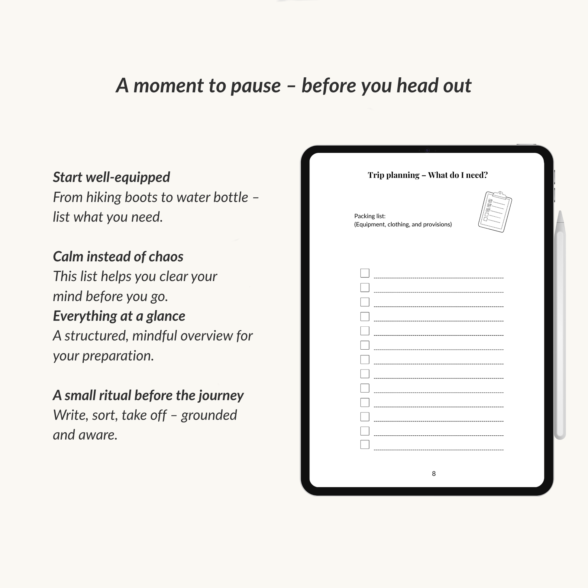 Page from the wanderlust journal displayed on an iPad showing an overview of the trip planning section to start your trip well-equipped.