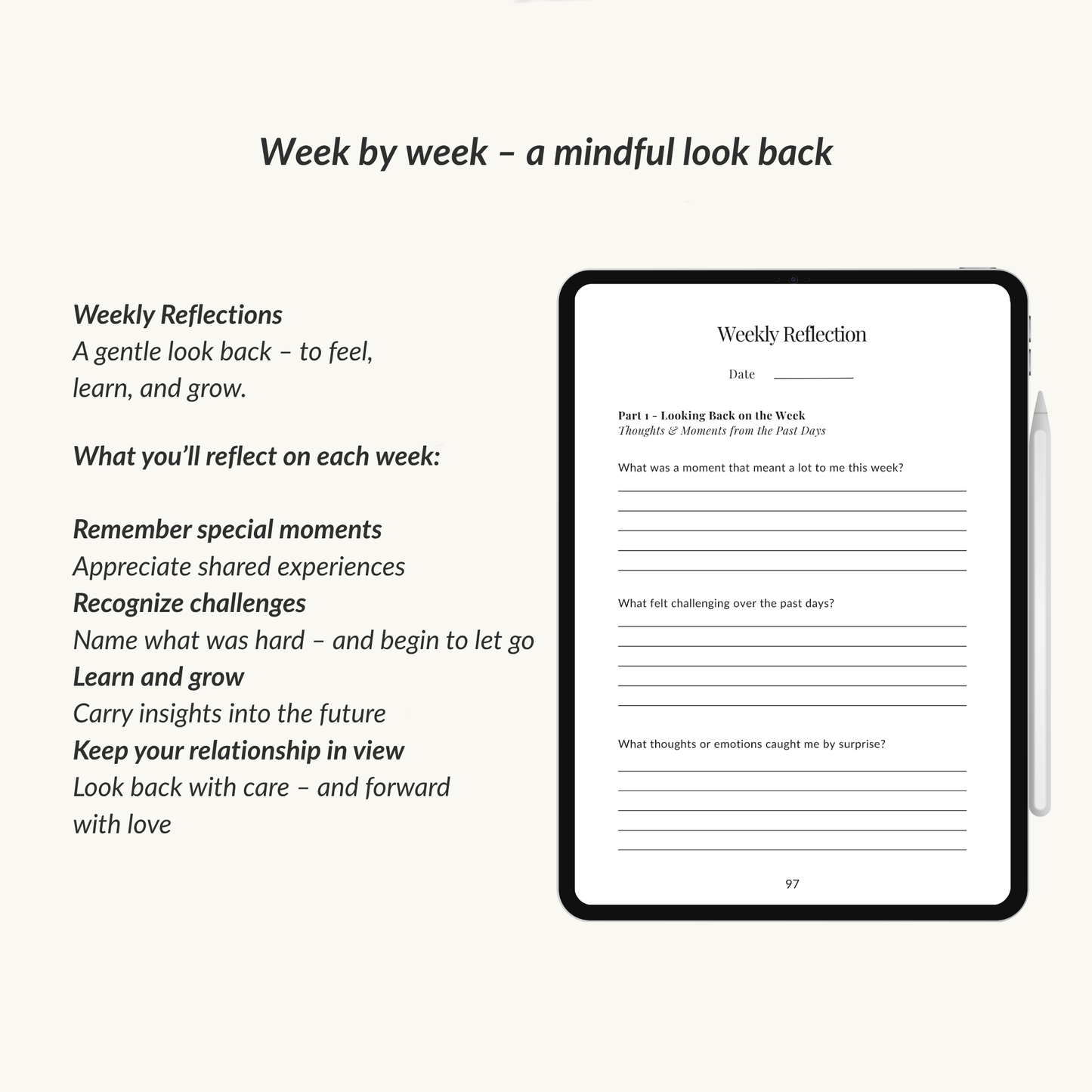 Digital table of love in secrecy journal midnight edition with weekly reflection questions for a mindful look back and remember special moments.