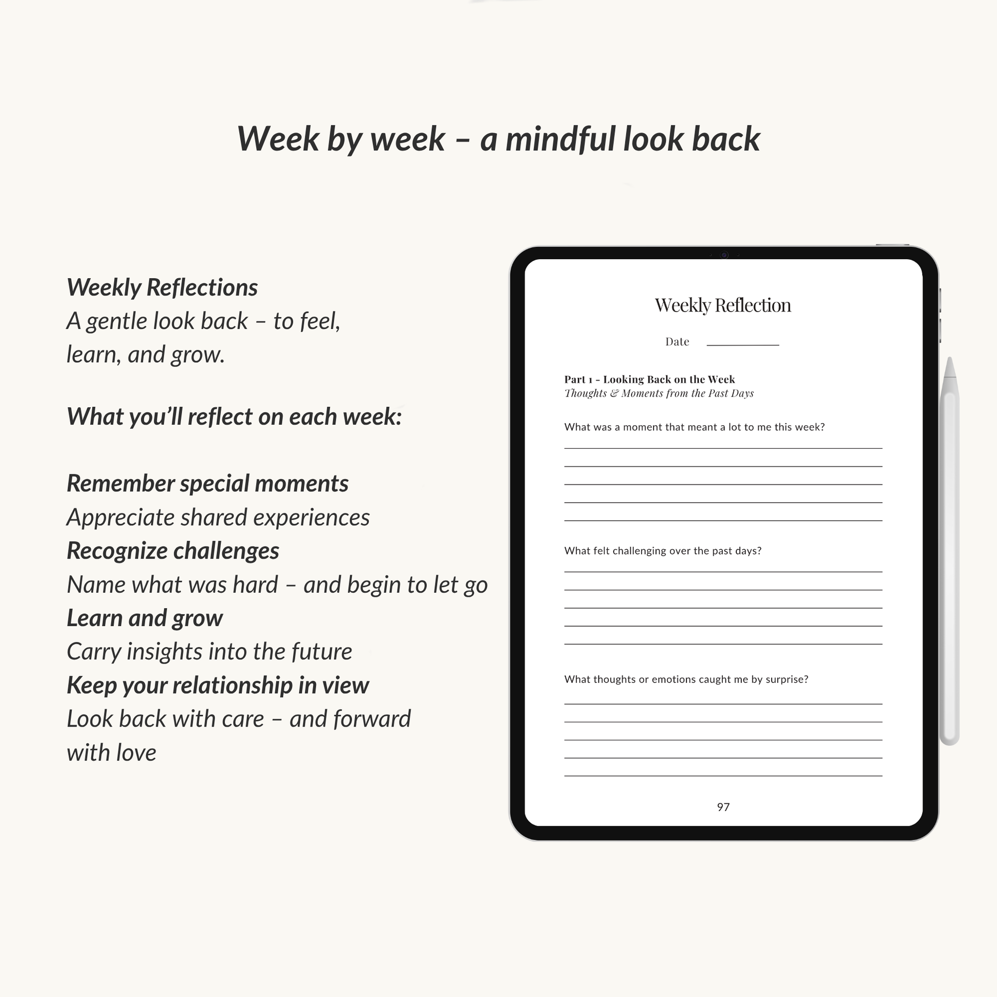 Digital table of love in secrecy journal midnight edition with weekly reflection questions for a mindful look back and remember special moments.