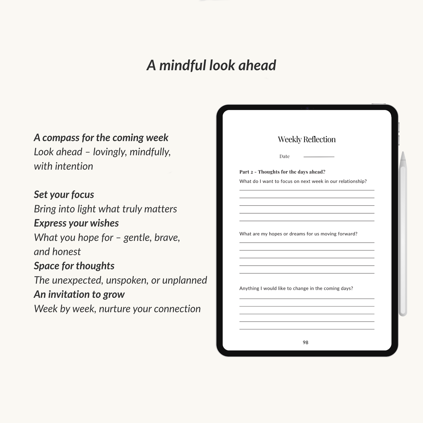Page from the love in secrecy journal standard edition showing weekly reflection promps for a mindful look ahead to set your focus and serves a compass for the coming week.