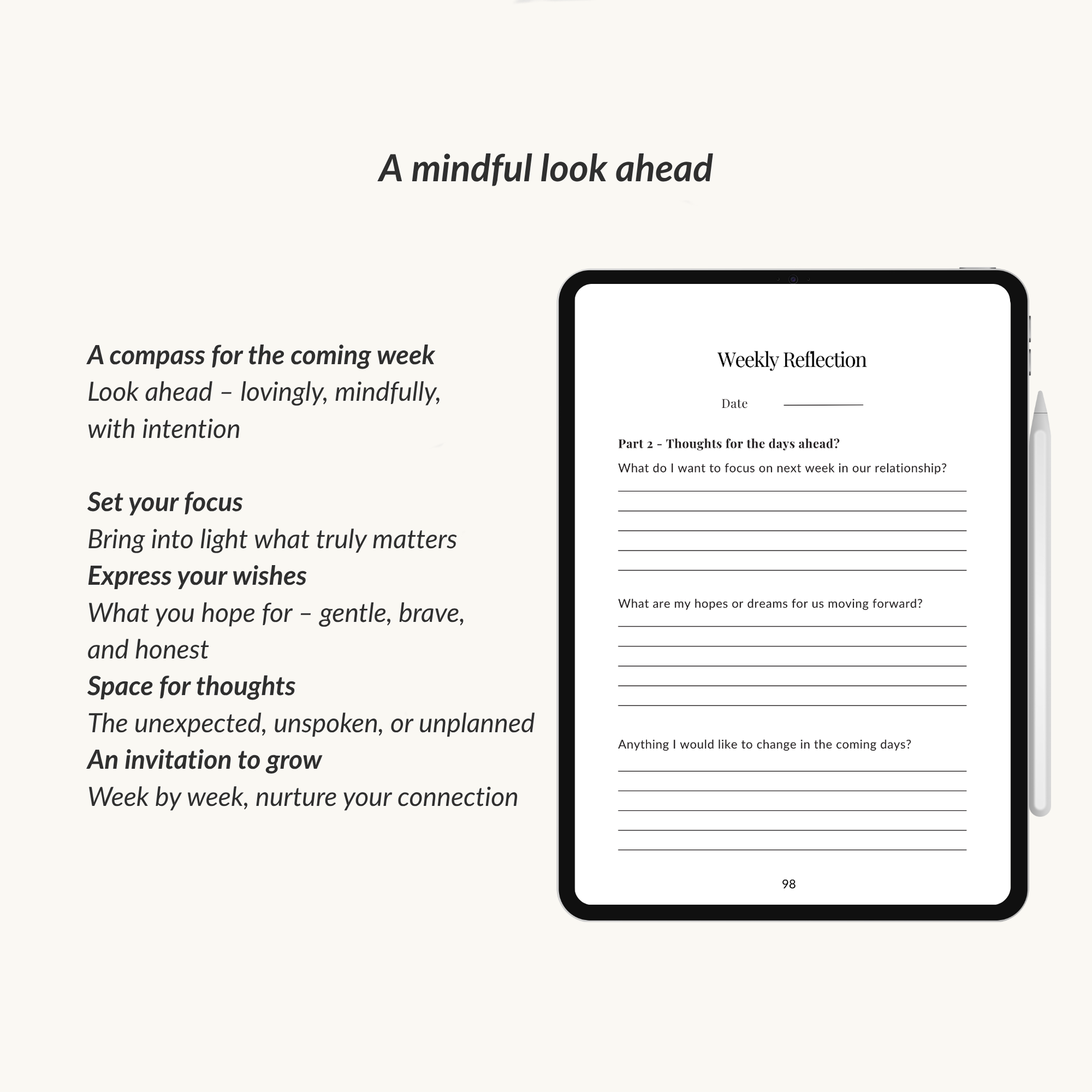 Page from the love in secrecy journal standard edition showing weekly reflection promps for a mindful look ahead to set your focus and serves a compass for the coming week.