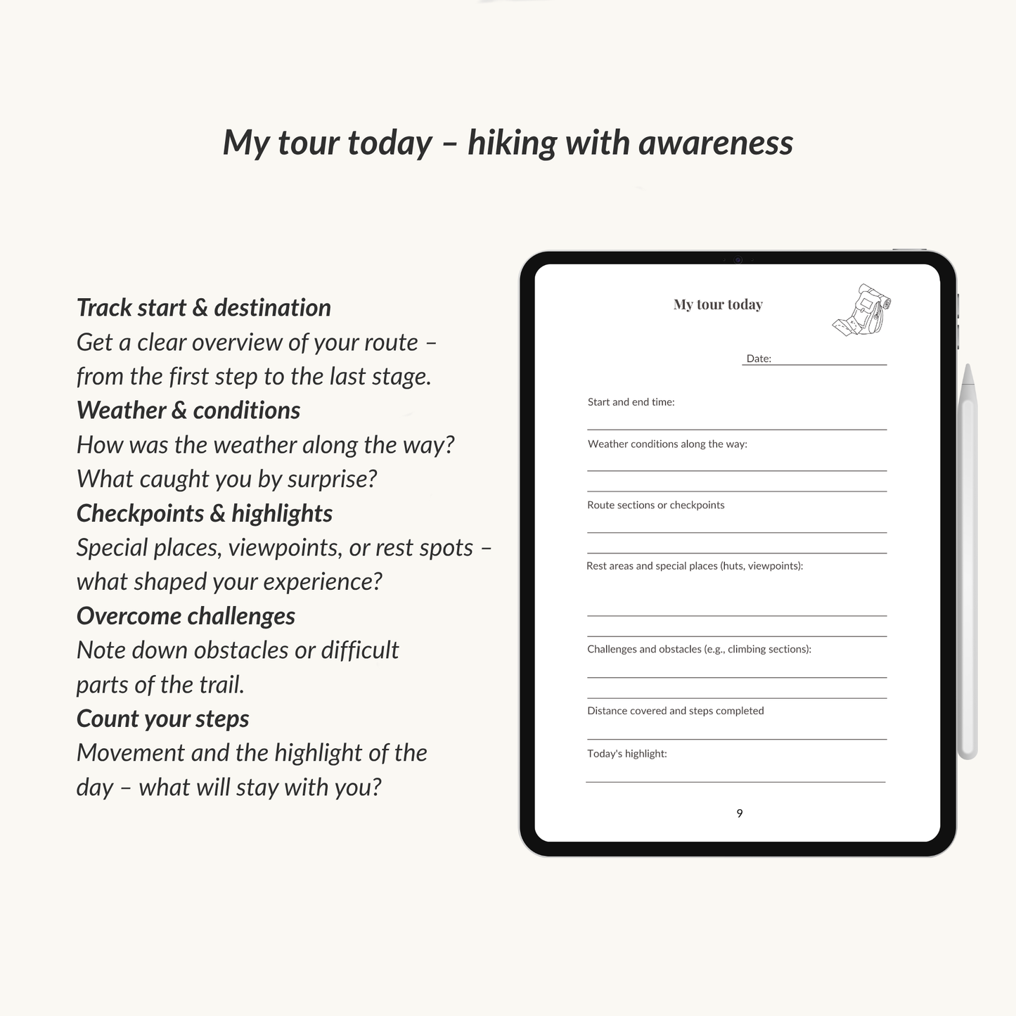 Page from the wanderlust journal displayed on an iPad showing an overview of your today´s tour.