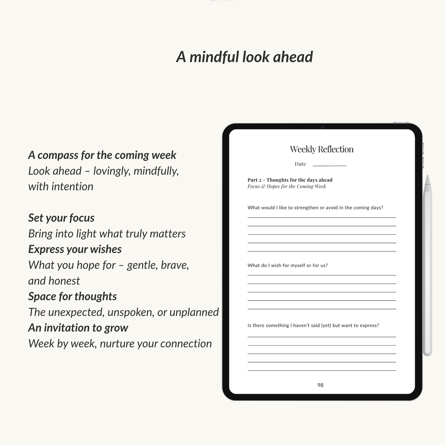 Digital tablet displaying a weekly reflection of the love in secrecy journal midnight edition on a white background for a mindful look ahead.