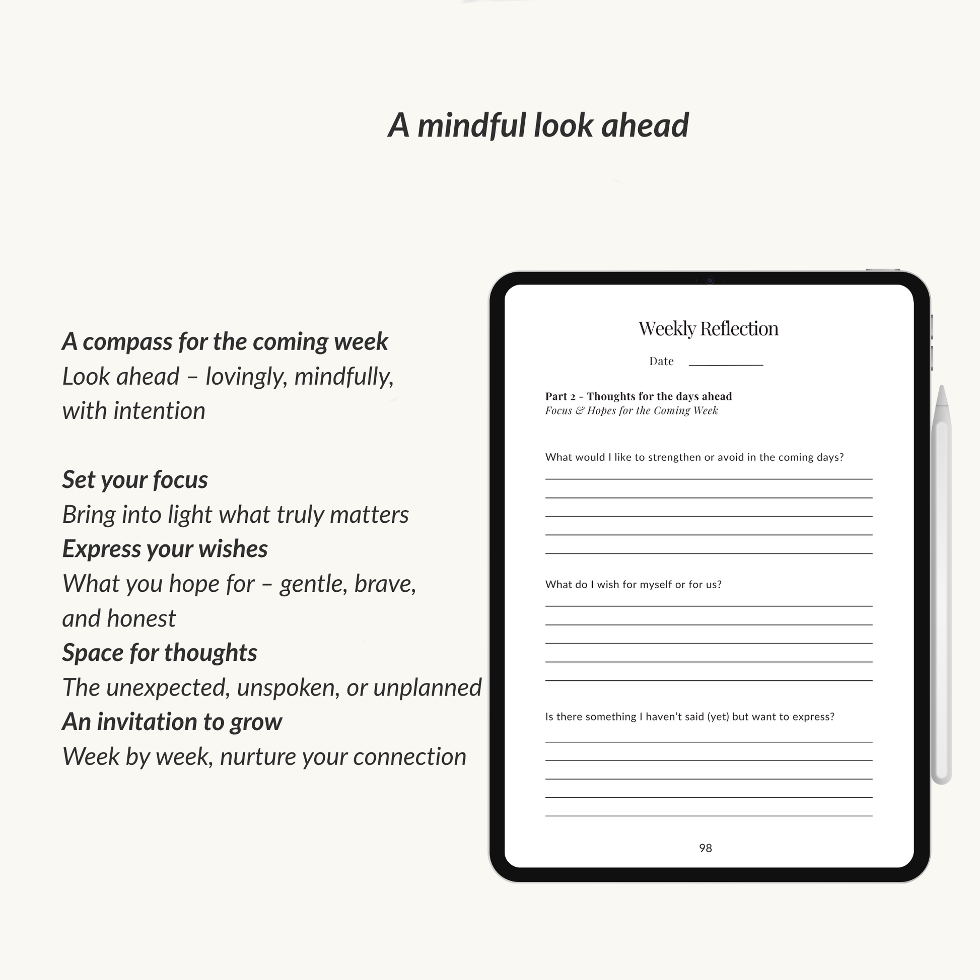 Digital tablet displaying a weekly reflection of the love in secrecy journal midnight edition on a white background for a mindful look ahead.
