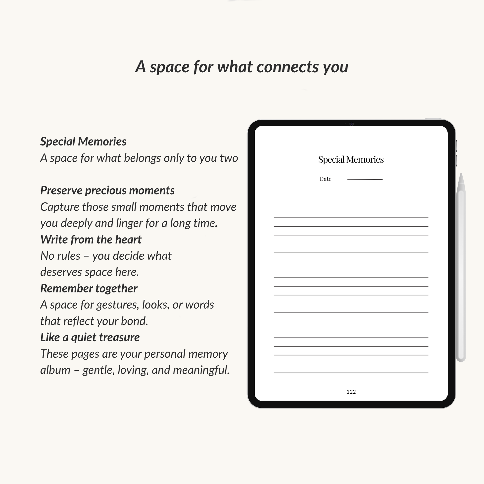 Page from the love in secrecy journal standard edition showing space for special memories for free writing from the heart.