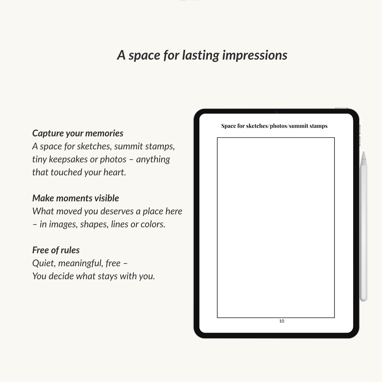 Page from the wanderlust journal displayed on an iPad showing a space for lasting impressions to capture memories such as sketches, summit stamps, photos and anything that touched your heart.