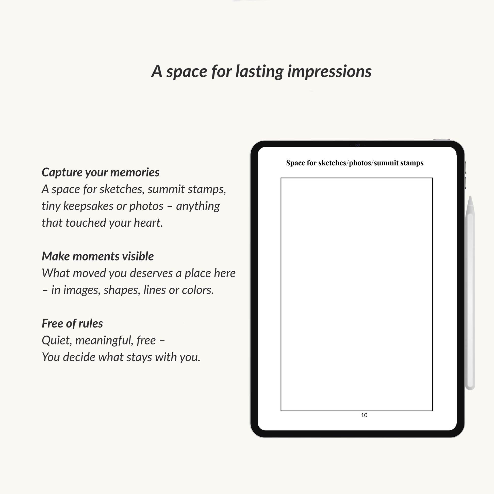 Page from the wanderlust journal displayed on an iPad showing a space for lasting impressions to capture memories such as sketches, summit stamps, photos and anything that touched your heart.