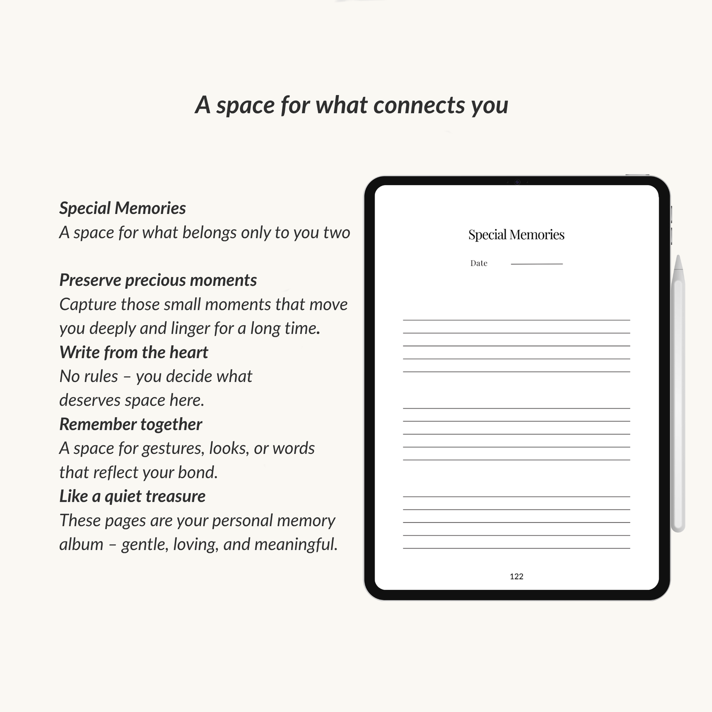 Page from the love in secrecy journal midnight edition with a digital tablet displaying the 'Special Memories' section with free space to capture small moments like a quiet treasure.