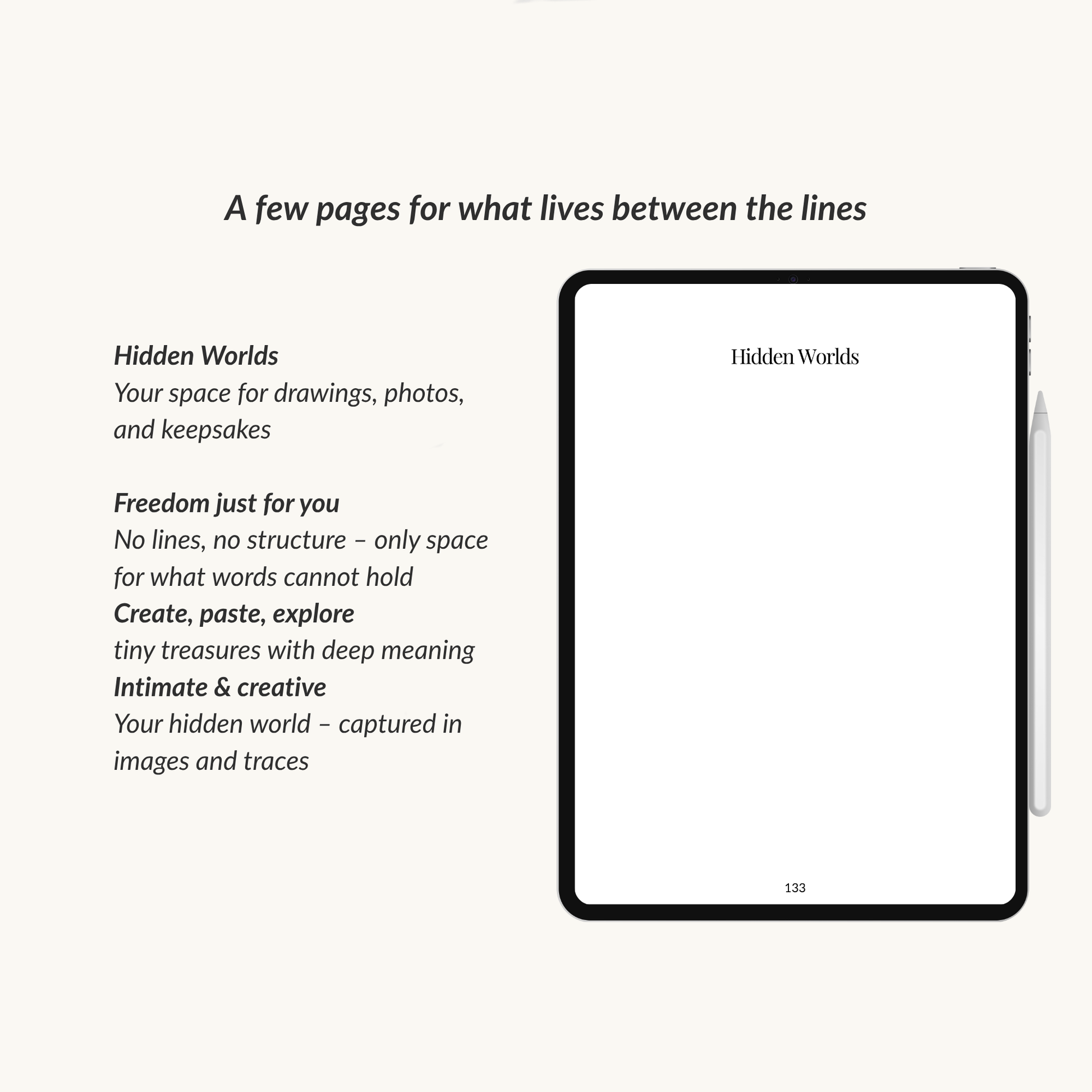 Page from the love in secrecy journal standard edition showing space for drawings, photos and keepsakes with the title hidden worlds.