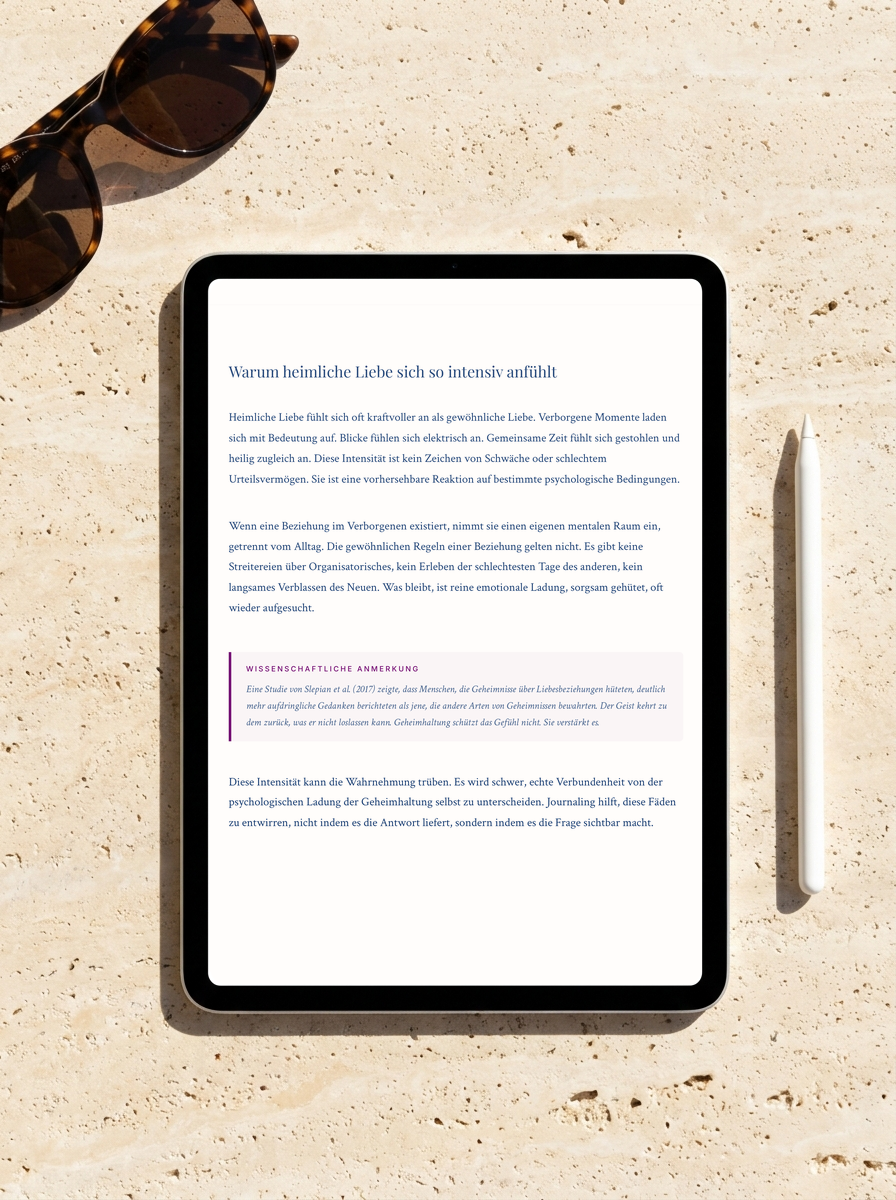 Writing the Unspoken auf einem iPad: Kapitelseite darueber, warum heimliche Liebe so intensiv wirkt