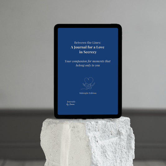 Tablet displaying the cover in midnight blue of the love in secrecy journal midnight edition with text on a gray background