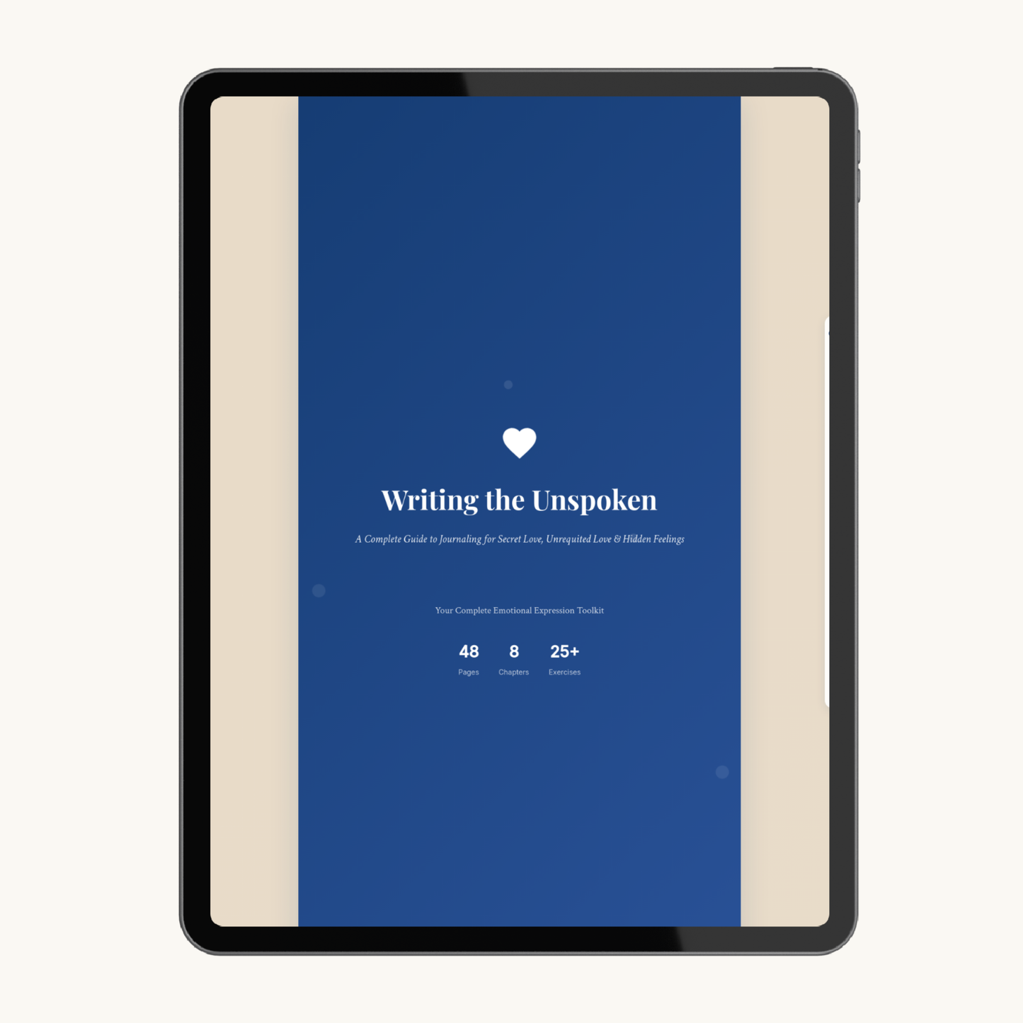 Tablet displaying the ‘Writing the Unspoken – Midnight Edition’ interactive emotional-reflection eBook. Deep midnight-blue cover with white heart icon, beige background and minimalist journaling aesthetic. Emotional clarity guide for secret love, unspoken feelings and self-reflection.