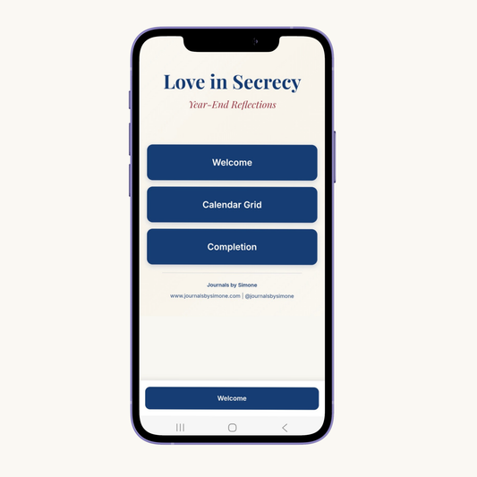 Mobile mockup showing the “Love in Secrecy — Year-End Reflections” welcome screen. Minimal beige background with three navy buttons (Welcome, Calendar Grid, Completion). A calm, emotional design from Journals by Simone created for hidden love, year-end reflection, and gentle self-care.