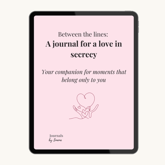 Cover of the love in secrecy journal standard edition in pink with the title between the lines: a journal for a love in secrecy - your companion for moments that belong only to you including a heart illustration.