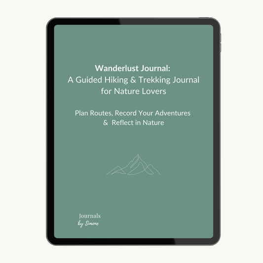 Wanderlust Journal cover with text and mountain illustration on a green background. A guided hiking & trekking journal for nature lovers to plan and record adventures for reflection in nature.