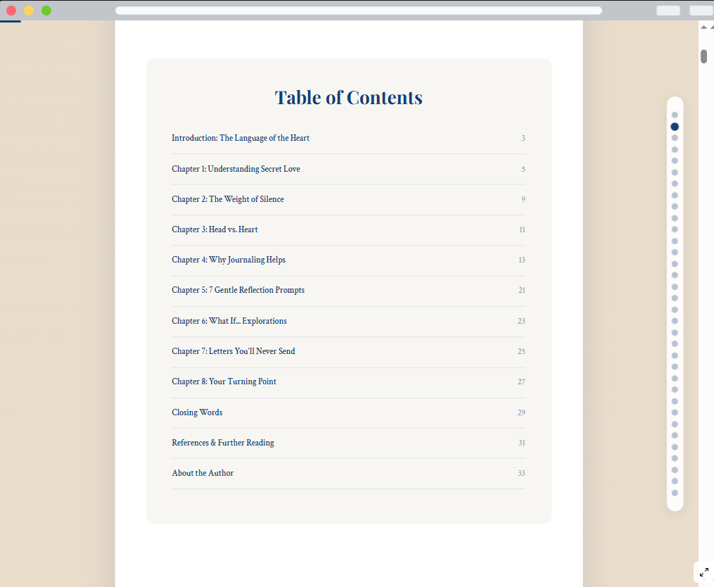 Table of contents of the Writing the Unspoken – Midnight Edition emotional clarity eBook, showing all chapters on a beige and white digital page layout.