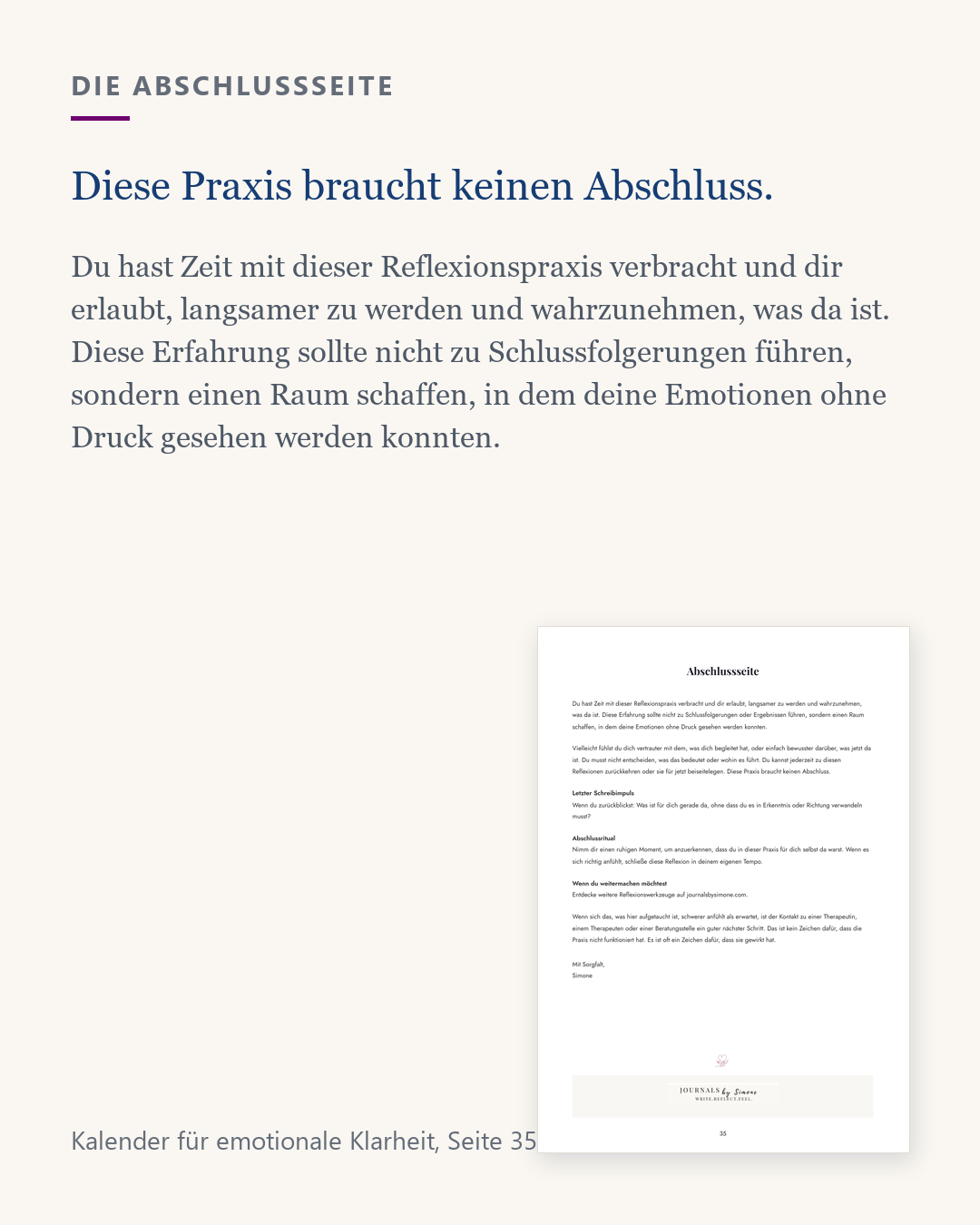 Auszug aus der Abschlussseite des Kalenders für emotionale Klarheit, diese Praxis braucht keinen Abschluss