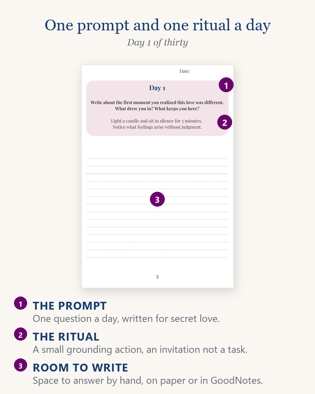 Emotional Clarity Calendar companion journal, day 1 with one prompt, one ritual and space to write